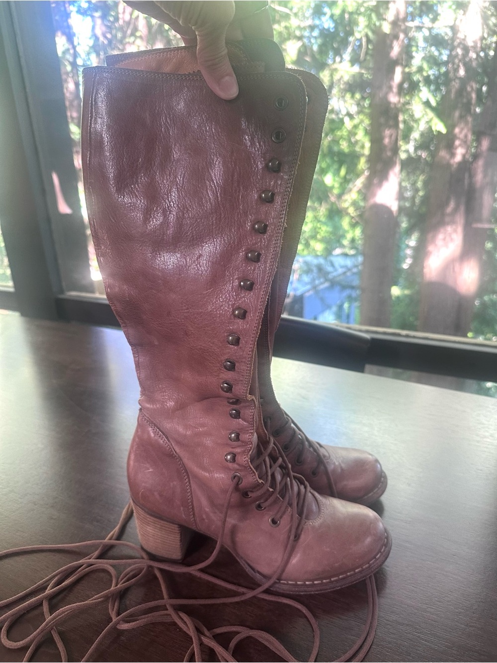 Fiorentini + Baker Lace Up Tall Stacked Wood Heel Leather Boots Brown 37.5 7